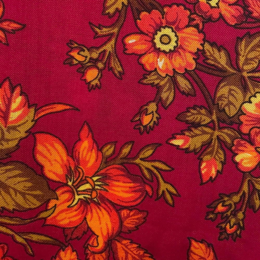 HUGE Scarlet Linen-Blend Fringe Vintage Scarf with Hibiscus Flower Print